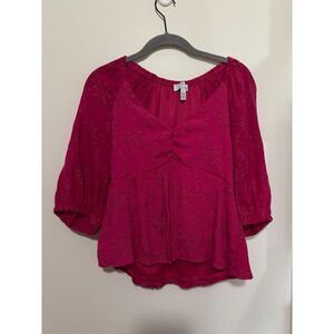 Sofia Jeans Pink Eyelet Peplum‎ Blouse Boho Cottagecore Romantic L Softgirl